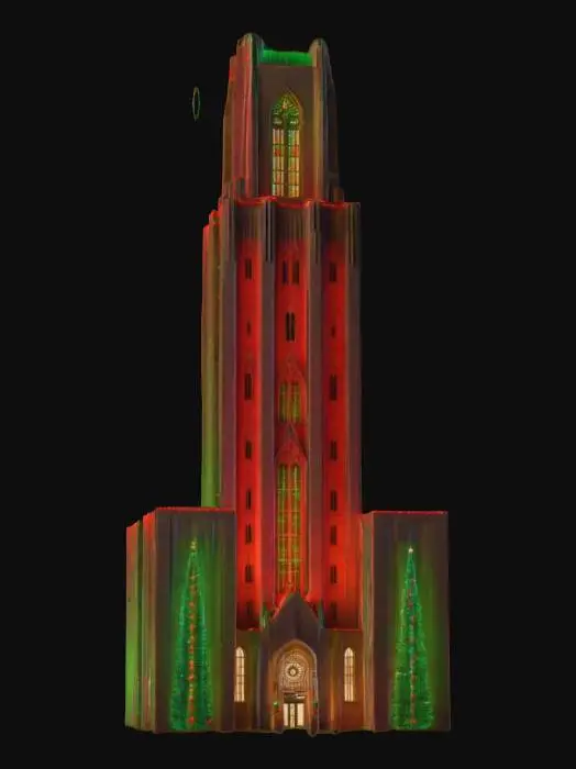 3D model for A 10 meter tall model of the "Cathedral of Learning" in Pittsburg, Pennsylvania. during the day. decorated for Christmas with vivid holiday colors. NVIDIA volumetric lightings, V-Ray rendering, #ChristmasAdventure#