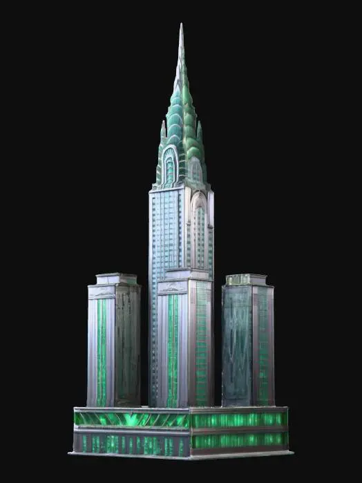 3D model for A life-size giant skyscraper complex that looks similar to the Chrysler Building. it is HQ for the Wiz!. Decorated sparingly for Christmas. ornate jagged carved emerald spire, NVIDIA OptiX, Daz3D, Renderocity, Ray Traced, precise window textures, deeply carved detail, highest quality, highest resolution, insane detailed, z-brush, v-ray, good strait_lines, Meshy masterpiece, prize winning, daytime Christmas lighting.  #ChristmasAdventure#