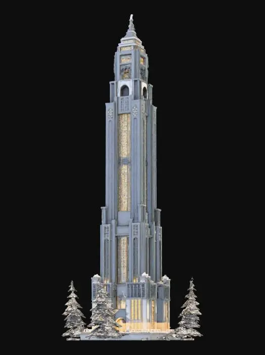 3D model for A life-size giant skyscraper complex that looks similar to the MetLife Building. Designed in the International style. Under construction. Decorated sparingly for Winter Solstice. ornate carved windows, 808 feet (246 m) tall with 59 stories high, very wide, NVIDIA OptiX, Daz3D, Renderocity, precise window textures, deeply carved detail, insane detailed, precise strait_lines, Meshy masterpiece, daytime winter lighting. precise texture symmetry,#Christmas2025#