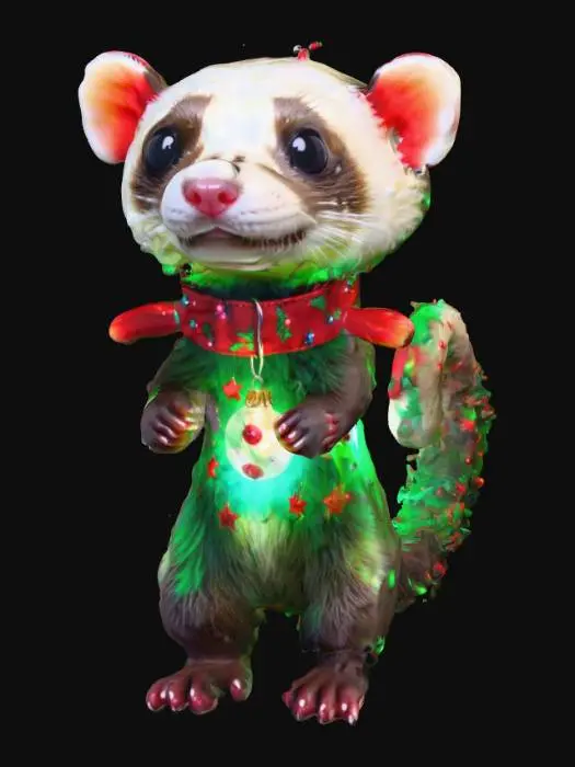 3D model for Design a festive ferret with vibrant red and green hues. His cute, furry body glows with bioluminescence, especially around his Christmas collar. His large, round eyes sparkle like stars, and his expression is joyful and playful. his small, webbed feet are perfect for swimming, and his tail is long and graceful. This aniaml should radiate warmth and festive charm, adding a touch of magic to the Meshy Christmas adventure. #ChristmasAdventure#
