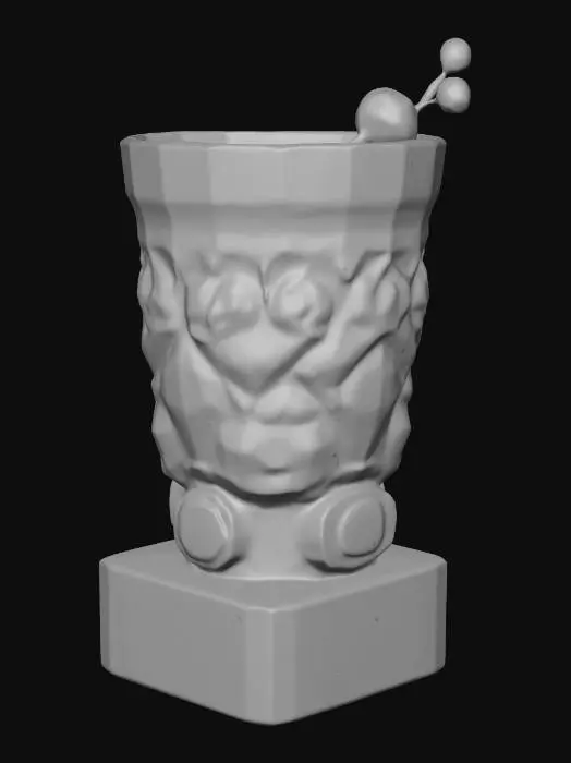 3D model for A super-sized 1-meter elaborate luxury cocktail. incorporate expensive whiskies that are, gold white, and/or silver. also decorated sparingly for Winter Solstice. ornate carved ice, NVIDIA OptiX, Daz3D, Renderocity, intricate textures, deeply carved detail, insane detailed, precise strait_lines, Meshy masterpiece, daytime lighting. precise texture symmetry,