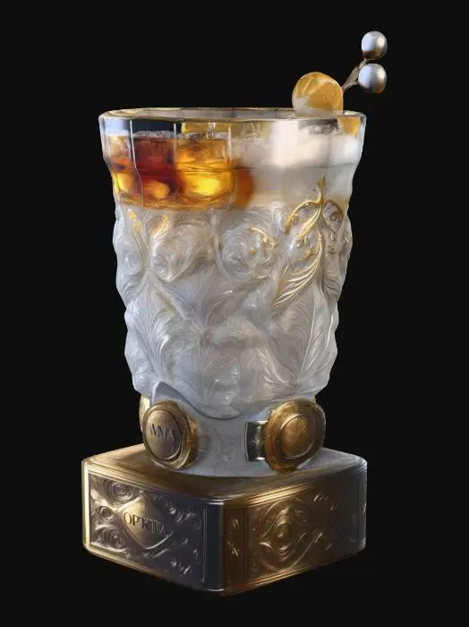3D model for A super-sized 1-meter elaborate luxury cocktail. incorporate expensive whiskies that are, gold white, and/or silver. also decorated sparingly for Winter Solstice. ornate carved ice, NVIDIA OptiX, Daz3D, Renderocity, intricate textures, deeply carved detail, insane detailed, precise strait_lines, Meshy masterpiece, daytime lighting. precise texture symmetry,