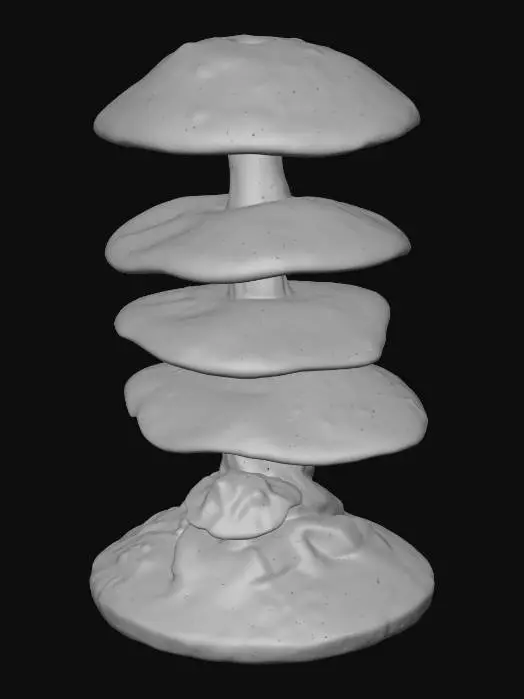 3D model for Mushroom Tower plant, tall enough for people to live in. small village (Modern buildings.) at the bottom. 8K,