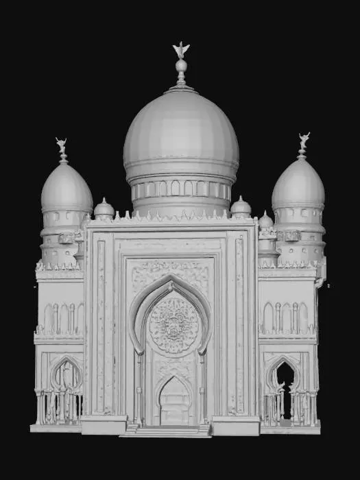 3D model for A life-size 64-meter by 64-meter, Mosque, Muslim holiday spectacular made in a very unique style. it is a joint effort between Willy Wonka and North-pole City. Decorated sparingly for Winter Solstice. ornate carved windows, NVIDIA OptiX, Daz3D, Renderotica, precise textures, deeply carved detail, insane detailed, precise strait_lines, Meshy masterpiece, daytime Christmas lighting. precise texture symmetry, #Christmas2025#