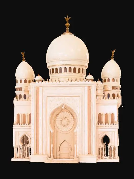 3D model for A life-size 64-meter by 64-meter, Mosque, Muslim holiday spectacular made in a very unique style. it is a joint effort between Willy Wonka and North-pole City. Decorated sparingly for Winter Solstice. ornate carved windows, NVIDIA OptiX, Daz3D, Renderotica, precise textures, deeply carved detail, insane detailed, precise strait_lines, Meshy masterpiece, daytime Christmas lighting. precise texture symmetry, #Christmas2025#