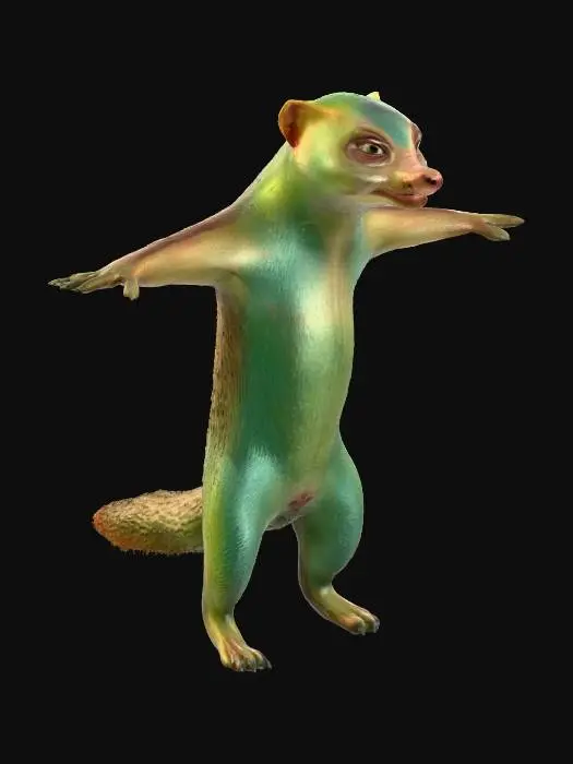 3D model for A tall green ferret creature monster standing on its two hind legs. curly pig tail. sharp teeth. he stepped in dark brown and red mud. a-pose.