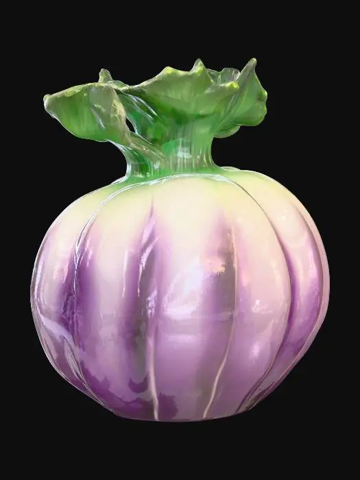 3D model for Glass kohlrabi, eggplant, onion. purple, white, with green leaves.