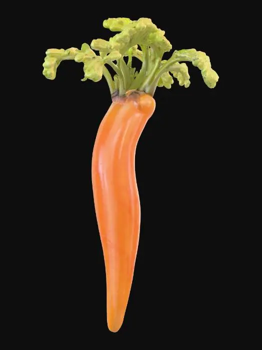 3D model for a long bent carrot, made of blown glass. 8K