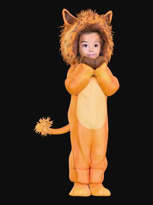 3D model for A little boy wearing a super-cute inflatable costume of Simba the lion-cub. his tail is pointed upwards. (anthropomorphic:1.2), professional-texturing. professionally designed. hair is not inflated, but is dyed, professional stage face-makeup, mittens for paws, cute footsies for feet. A-pose.