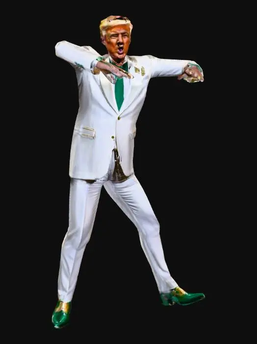 3D model for President Donald-Trump in a silver-white tuxedo, wearing an emerald tie. in a presidential FIGHT! pose, behind the podium of the POTUS. gold-hair, Gold and green shoes. #lucky#