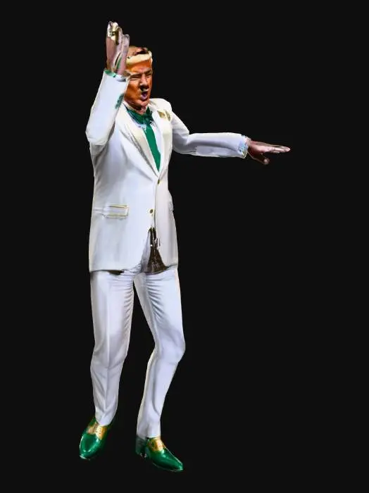 3D model for President Donald-Trump in a silver-white tuxedo, wearing an emerald tie. in a presidential FIGHT! pose, behind the podium of the POTUS. gold-hair, Gold and green shoes. #lucky#