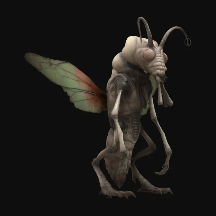 3D model for A life-size stylized tall insect like mugwump creature. "William S. Burroughs" Interzone theme. vivid Christmas colorization, NVIDIA OptiX, Daz3D, Renderotica, homoerotic horrific phallus, rough textures, deeply carved detail, highest quality, highest resolution, insane detailed, z-brush, v-ray, Meshy masterpiece, prize winning, Christmas lighting.
