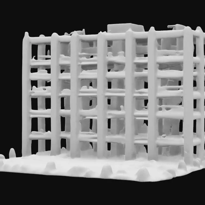 3D model for life-size, 10-meter wide. North-pole city modern rectangle skyscraper, under construction. 4K building texture, intricate and ornate girder and floor textures. NVIDIA OptiX, Daz3D, Renderotica, rough textures, deeply carved detail, highest quality, highest resolution, insane detailed, zbrush, v-ray, Meshy masterpiece, prize winning, computerized Christmas fiber-optic lighting. #ChristmasAdventure#