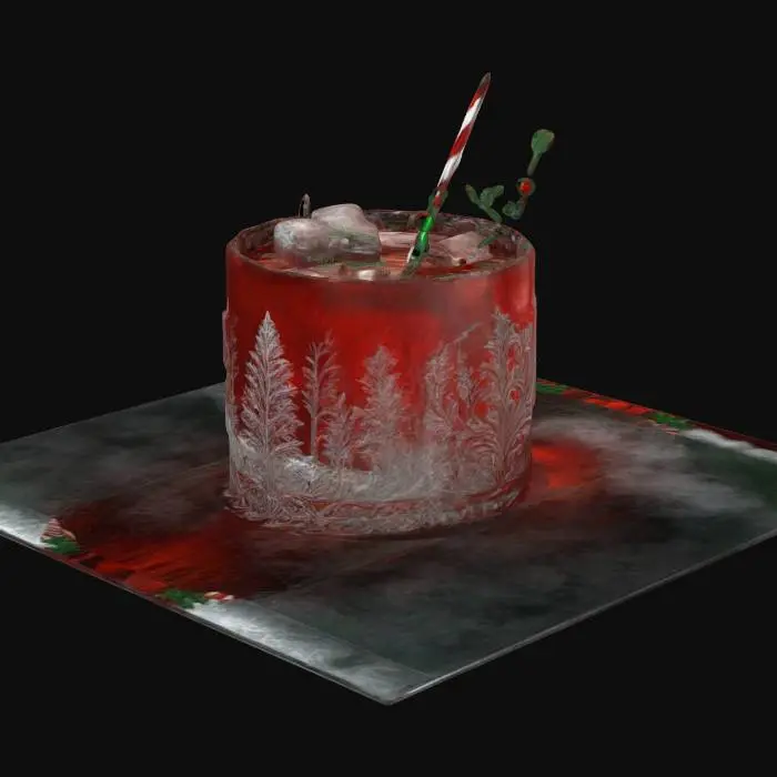 3D model for A super-sized 1-meter Christmas cocktail but with no-candy. incorporate expensive whiskies that are, red white, and/or green. also decorated sparingly for Winter Solstice. ornate carved ice, NVIDIA OptiX, Daz3D, Renderocity, intricate textures, deeply carved detail, insane detailed, precise strait_lines, Meshy masterpiece, daytime Christmas lighting. precise texture symmetry, #ChristmasAdventure#