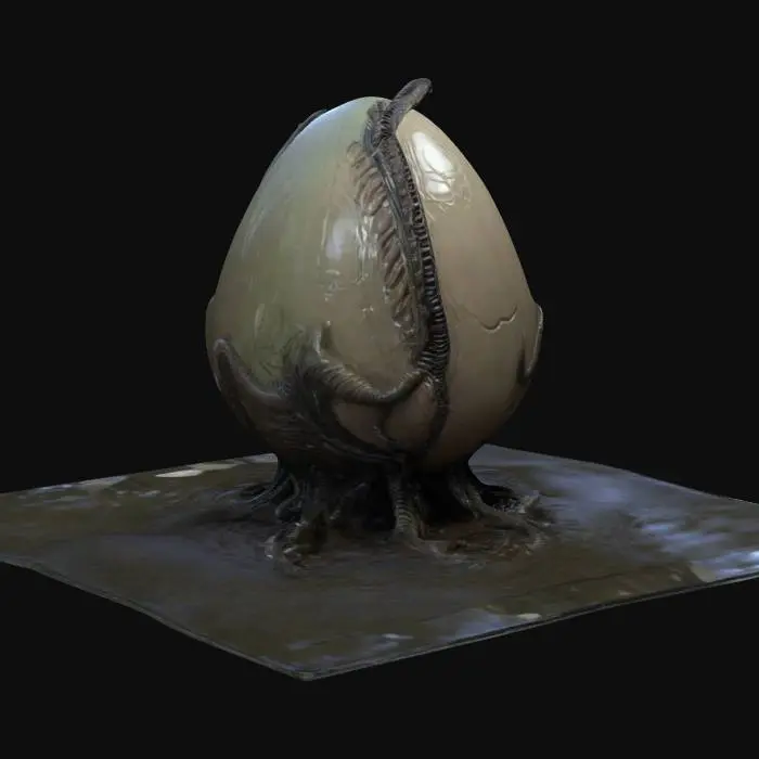 3D model for A xenomorph Alien egg, made of glass, you can see the xeno-fetus inside. H.R. Giger surreal, horror, slime, veins, the egg is on a muddy and wet path. NVIDIA rendering, professional presentation.