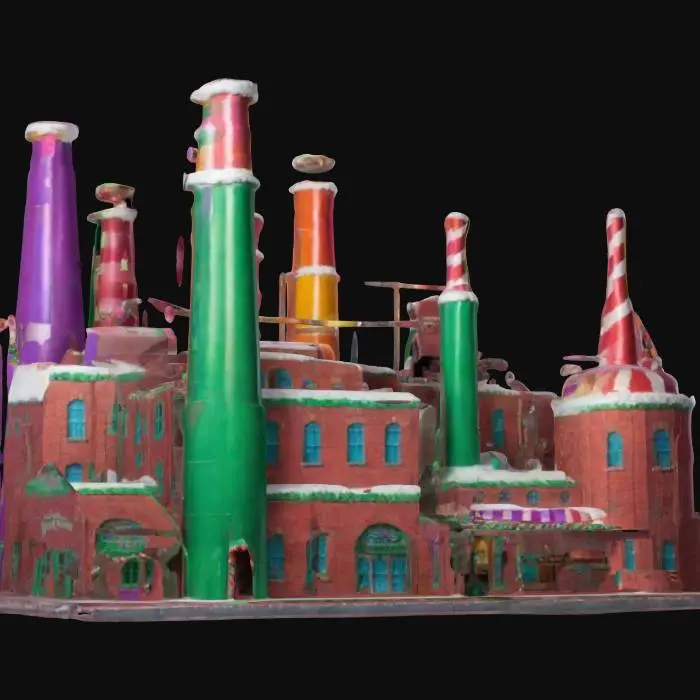 3D model for Riesiges Willy Wonka Soda_Fabrikgebäude im Stil der Weihnachtsindustrialisierung. Mehrfarbige Schornsteine ​​aus Ziegeln, #ChristmasAdventure#