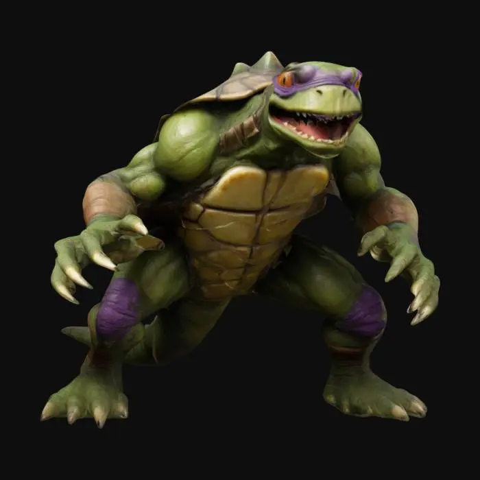 3D model for The image depicts a fantastical ninja turtle Donatello character that resembles the turtle Toho kaiju Anguirus. It has a large, shell-like back, and its front legs are long and muscular, while its hind legs are shorter and more robust. The creature's head is elongated with a prominent snout and a mouth filled with sharp teeth. The overall style of the image is realistic with a focus on detailed textures and shading, giving the creature a lifelike appearance. 1991