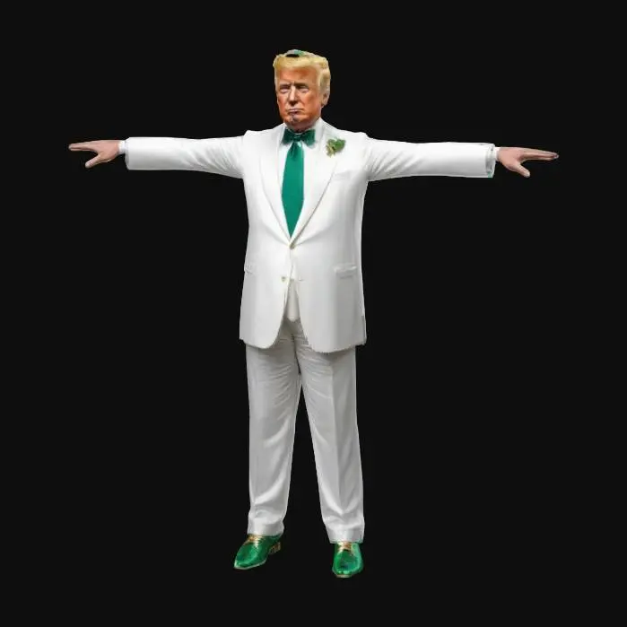 3D model for President Donald-Trump in a silver-white tuxedo, wearing an emerald tie. in a presidential FIGHT! pose, behind the podium of the POTUS. gold-hair, Gold and green shoes. #lucky#