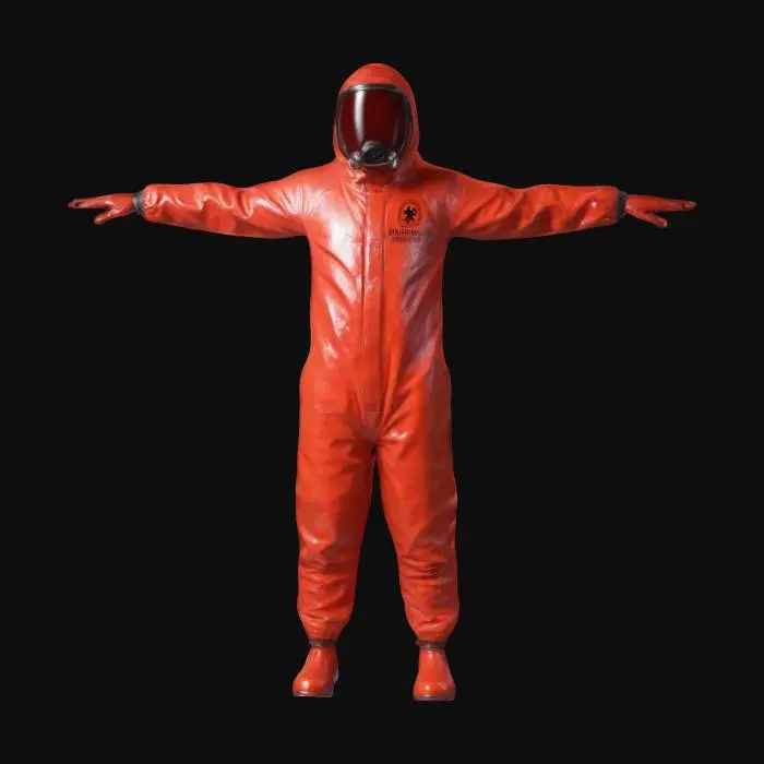 3D model for life-size, 2-meter tall, the backrooms, modern red shiny hazmat suit , biohazard suit, covered in a thin layer of ice. Ultra Realistic, Highly Detailed, T-pose, Full Body, Symmetrical Body, Squid-Games, #Springcolors# <LORA:PiratePunkAI - konyconi v1.0:1>
