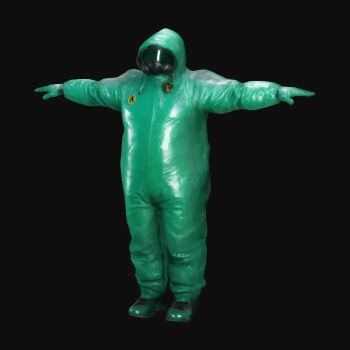 3D model for life-size, 2-meter tall, the backrooms, modern red shiny hazmat suit , biohazard suit, covered in a thin layer of ice. Ultra Realistic, Highly Detailed, T-pose, Full Body, Symmetrical Body, Squid-Games, #Springcolors# <LORA:PiratePunkAI - konyconi v1.0:1>