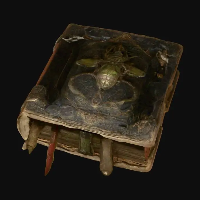 3D model for Krampus's book set of spells, potions, and sexual torture,. vintage Christmas decorations, NVIDIA OptiX, rough textures, Lovecraftian insect creatures, renderotica, renderocity, unreal engine, highest quality, highest resolution, insane detailed, character design, z-brush, v-ray, daz3d, deeply carved detail,