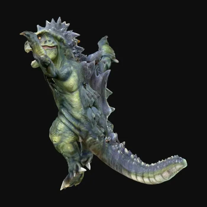 3D model for A boy dressed up in a Godzilla suit dancing on the gym floor durring Recess. 4K lizard skin details, perfect monster face featuring eyes, snout and open mouth with sharp white teeth.