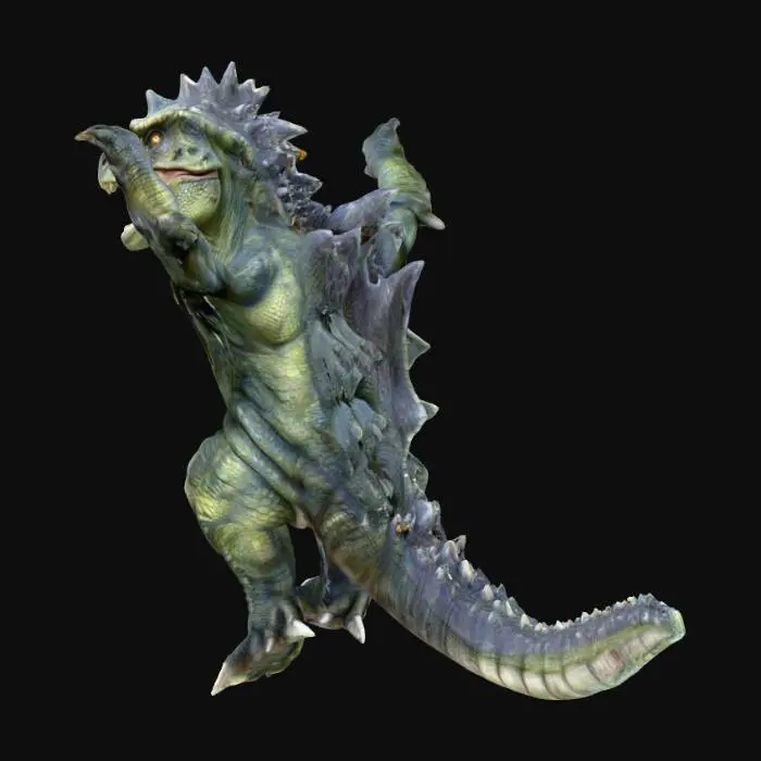 3D model for A boy dressed up in a Godzilla suit dancing on the gym floor durring Recess. 4K lizard skin details, perfect monster face featuring eyes, snout and open mouth with sharp white teeth.