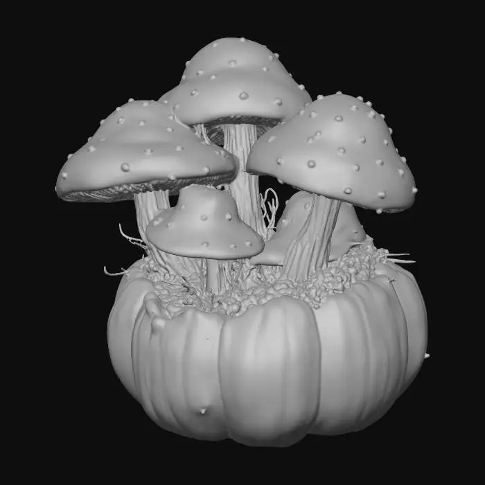 3D model for large shiny mushrooms growing out of a discarded pumpkin. shimmering surfaces #Thanksgiving#