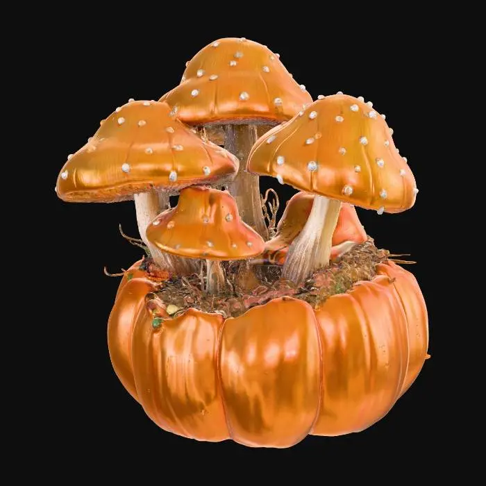 3D model for large shiny mushrooms growing out of a discarded pumpkin. shimmering surfaces #Thanksgiving#
