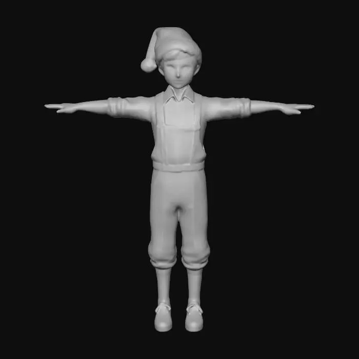 3D model for A 6yo toddler boy dressed in (dieselpunk) Christmas cloth. working class, mechanical engineer. sorta cute. grungy, 8k, professionally photograph. standing, shown full height, head to toe, not cropped.  T-Pose. skimpy cloth. T-Pose for rigging, #christmas2025#