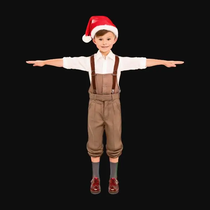 3D model for A 6yo toddler boy dressed in (dieselpunk) Christmas cloth. working class, mechanical engineer. sorta cute. grungy, 8k, professionally photograph. standing, shown full height, head to toe, not cropped.  T-Pose. skimpy cloth. T-Pose for rigging, #christmas2025#