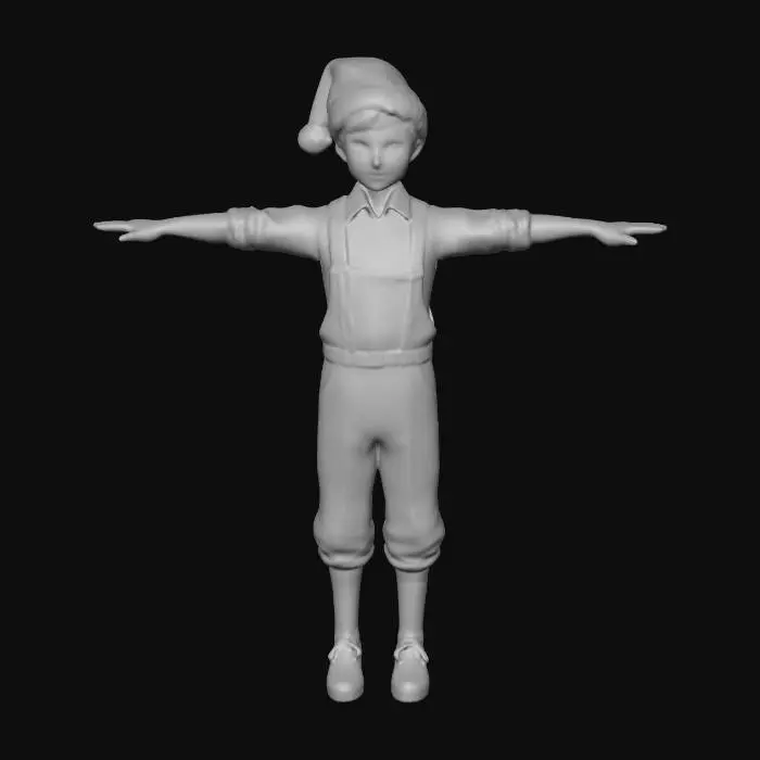 3D model for A 6yo toddler boy dressed in (dieselpunk) Christmas cloth. working class, mechanical engineer. sorta cute. grungy, 8k, professionally photograph. standing, shown full height, head to toe, not cropped.  T-Pose. skimpy cloth. T-Pose for rigging, #christmas2025#