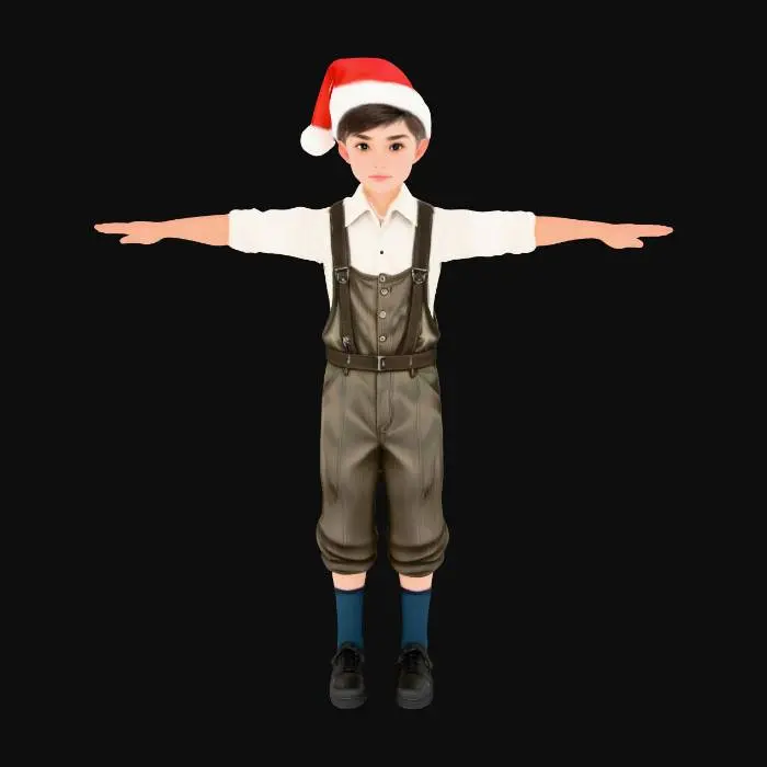 3D model for A 6yo toddler boy dressed in (dieselpunk) Christmas cloth. working class, mechanical engineer. sorta cute. grungy, 8k, professionally photograph. standing, shown full height, head to toe, not cropped.  T-Pose. skimpy cloth. T-Pose for rigging, #christmas2025#