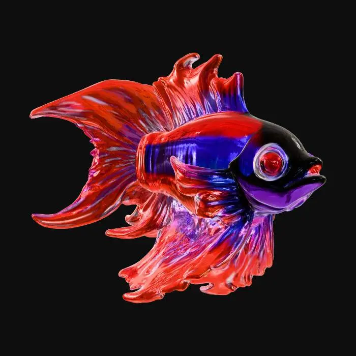 3D model for Vibrant Harmony, metallic purple body, fire red flowing fins. Christmas tints, #Christmas2025#