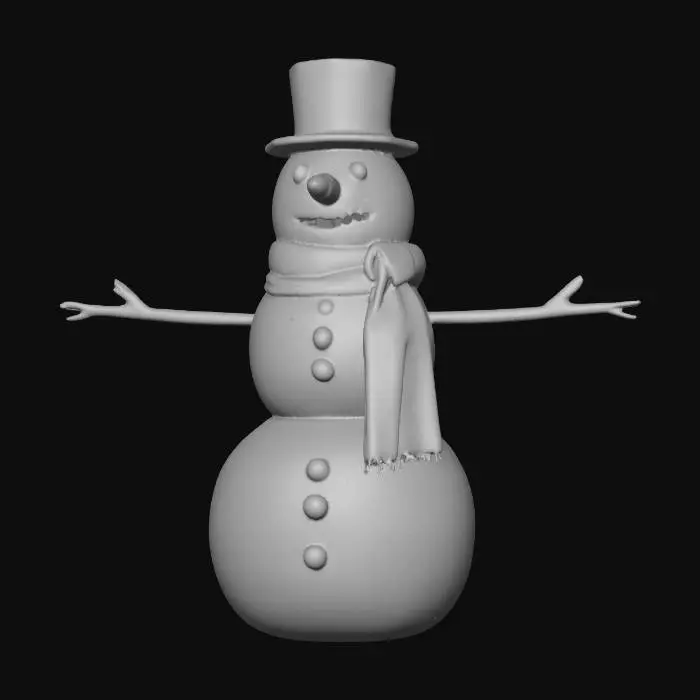 3D model for A hyper-realistic, ultra-detailed professional photograph of a cheerful snowman standing in a snowy clearing at twilight. The snowman has intricate textures of packed, sparkling snow, with a classic carrot nose, coal eyes, and a wide, genuine smile. It is wearing a detailed, hand-knitted red and green striped scarf and a vintage top hat. Christmas sparkles and magic surround it. Captured with a professional DSLR camera, 85mm lens, f/1.4 aperture, shallow depth of field, cinematic volumetric lighting, warm glow from an unseen source, soft bokeh background, 8k resolution, ultra high quality, #Christmas2025#