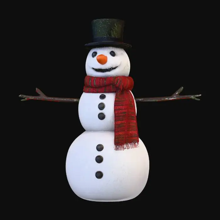 3D model for A hyper-realistic, ultra-detailed professional photograph of a cheerful snowman standing in a snowy clearing at twilight. The snowman has intricate textures of packed, sparkling snow, with a classic carrot nose, coal eyes, and a wide, genuine smile. It is wearing a detailed, hand-knitted red and green striped scarf and a vintage top hat. Christmas sparkles and magic surround it. Captured with a professional DSLR camera, 85mm lens, f/1.4 aperture, shallow depth of field, cinematic volumetric lighting, warm glow from an unseen source, soft bokeh background, 8k resolution, ultra high quality, #Christmas2025#