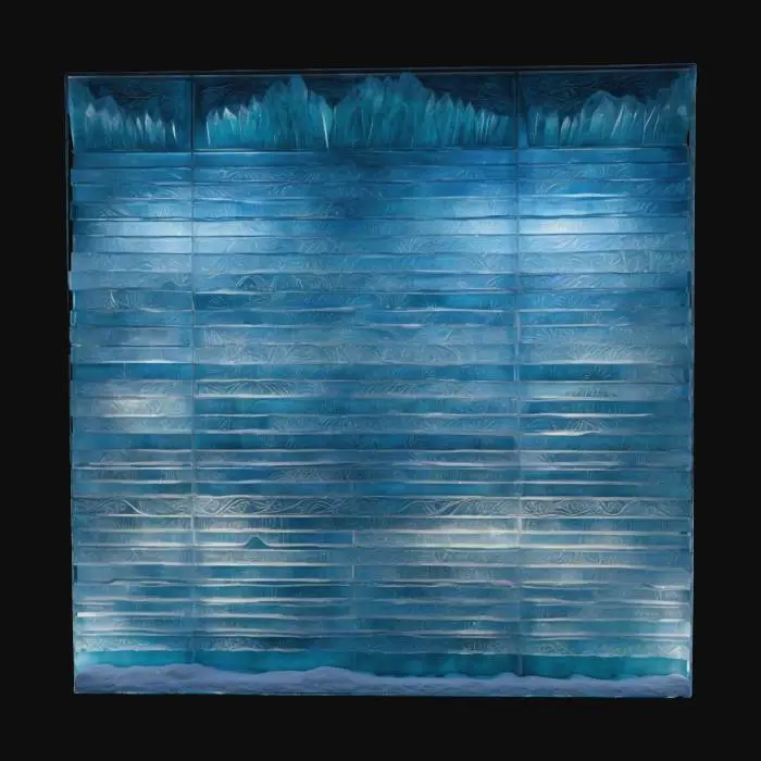 3D model for A 50-meter high by 75-meter wide life-size detailed wall of ice, made of intricate crafted glass, deeply carved details, master craftsmanship, discretionary winter solstice decoration, well-lit, 4k, laser lights, fiber optics, NVIDIA volumetric lighting. #ChristmasAdventure#