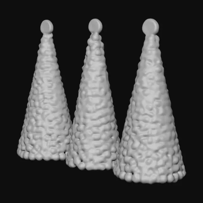 3D model for A life-size trio of different Candy Gumdrop Christmas Trees. some but not all of the gumdrops are lit by fiber-optics. create and render each tree separately. NVIDIA OptiX, Daz3D, a small amount of ice, deeply carved detail, highest quality, highest resolution, insane detailed, z-brush, v-ray, Meshy masterpiece, prize winning, advanced special effects. #ChristmasAdventure#.