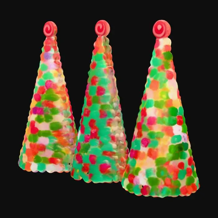 3D model for A life-size trio of different Candy Gumdrop Christmas Trees. some but not all of the gumdrops are lit by fiber-optics. create and render each tree separately. NVIDIA OptiX, Daz3D, a small amount of ice, deeply carved detail, highest quality, highest resolution, insane detailed, z-brush, v-ray, Meshy masterpiece, prize winning, advanced special effects. #ChristmasAdventure#.