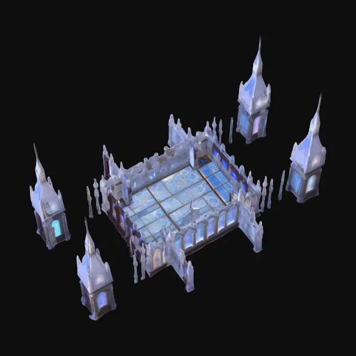 3D model for A life-size 64-meter by 64-meter, COEXIST mega-chapel interfaith crystal building made in a very unique style. it is a joint effort between Willy Wonka and North-pole City. Decorated sparingly for Winter Solstice. ornate carved windows, NVIDIA OptiX, Daz3D, Renderotica, precise textures, deeply carved detail, insane detailed, precise strait_lines, Meshy masterpiece, daytime Christmas lighting. precise texture symmetry, #ChristmasAdventure#