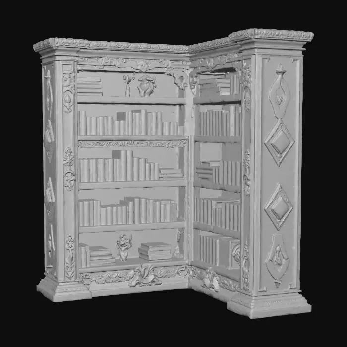 3D model for A large fantasy horror corner bookshelf, "Lord of the Flies". vivid Halloween colorization, Lovecraftian horror, NVIDIA OptiX, Renderotica, Daz3D, Renderocity, Ray Traced, rough textures, deeply carved detail, Game Engine, highest quality, highest resolution, insane detailed, z-brush, v-ray, Meshy masterpiece, prize winning, ambient Halloween lighting. #Halloween2025#