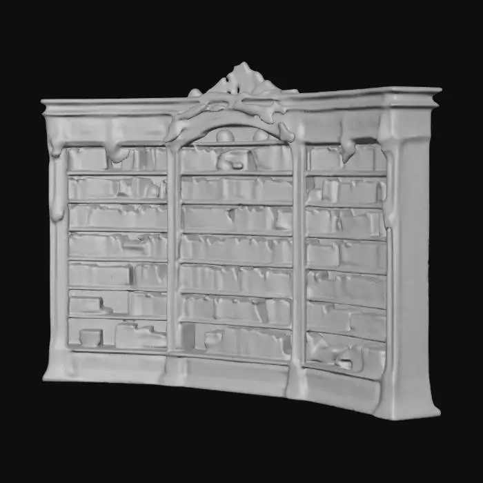 3D model for A large fantasy horror corner bookshelf, "Lord of the Flies". vivid Christmas colorization, Lovecraftian horror, NVIDIA OptiX, Renderotica, Daz3D, Renderocity, Ray Traced, rough textures, deeply carved detail, Game Engine, highest quality, highest resolution, insane detailed, z-brush, v-ray, Meshy masterpiece, prize winning, ambient Christmas lighting.
