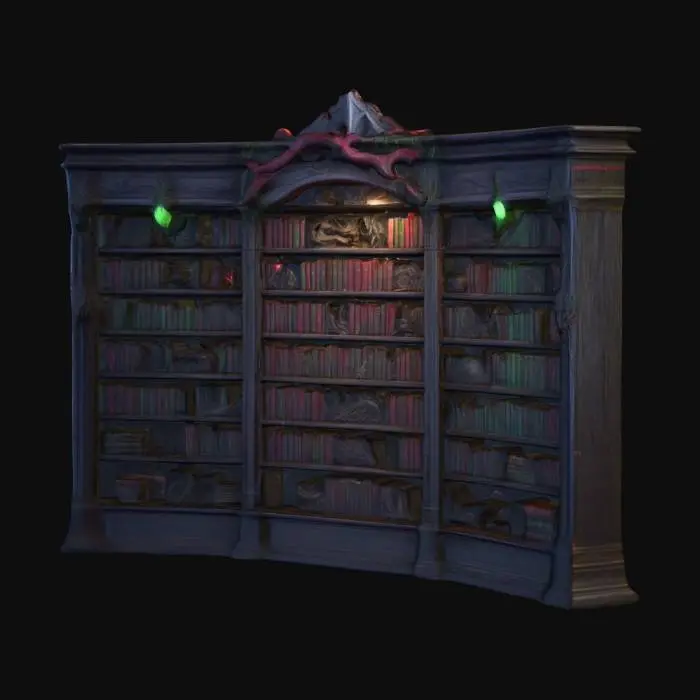 3D model for A large fantasy horror corner bookshelf, "Lord of the Flies". vivid Christmas colorization, Lovecraftian horror, NVIDIA OptiX, Renderotica, Daz3D, Renderocity, Ray Traced, rough textures, deeply carved detail, Game Engine, highest quality, highest resolution, insane detailed, z-brush, v-ray, Meshy masterpiece, prize winning, ambient Christmas lighting.