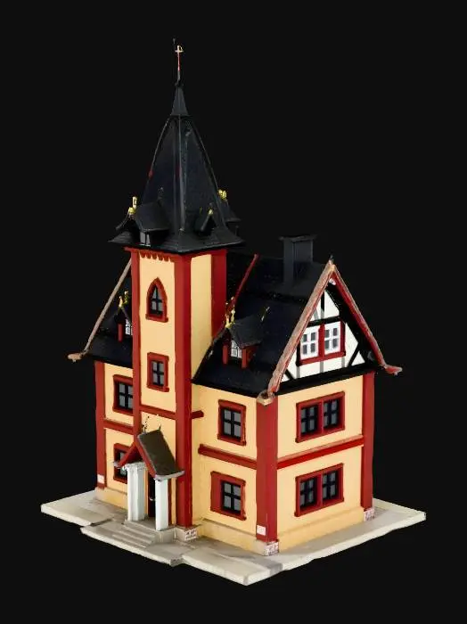 3D model for erstelle mir ein rathaus in 1:160 mit kleinen turm für eine Modeplatte in Voralpen. bitte hole für lichter und fenster offen