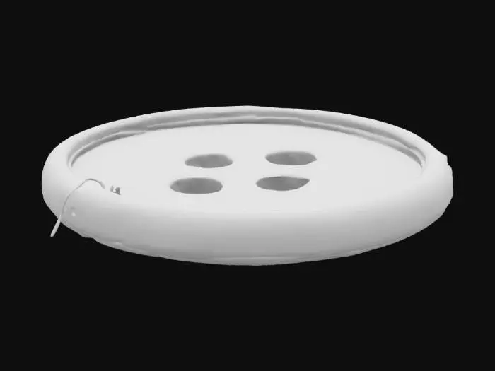 3D model for An old black button with a scratched surface, four sewing holes, one broken thread dangling. Slightly bloodstained edge. PBR metal material with rust spots. Isolated on white background.