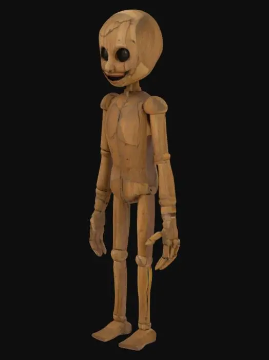 3D model for "The Possessed Marionette" A life-sized, cracked wooden puppet with a fixed, unsettling smile. It’s held up by frayed strings, and its arms hang limply by its sides, head slightly tilted as if it’s observing the viewer. Carved details suggest an antique origin., #halloween#