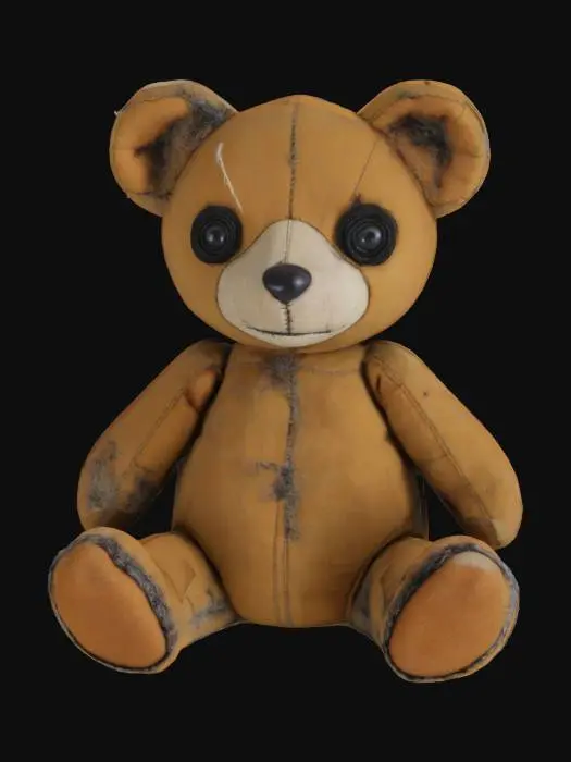 3D model for A vintage threadbare teddy bear, one button eye missing, stitching slightly torn, faded brown fur with dark stains, asymmetrical limbs, sitting pose. Mix of cute and creepy, like a forgotten childhood toy. PBR materials, soft cloth texture with subtle dirt details. Style: Tim Burton meets 'Five Nights at Freddy's'.