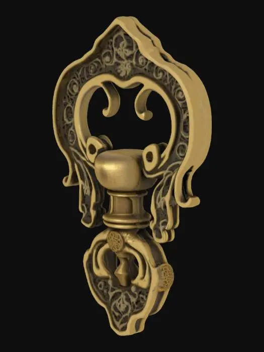 3D model for An ornate brass wind-up key with intricate engravings, broken tooth on one side. Slightly bent, covered in cobwebs. PBR shiny metal with dirt in crevices. Isolated on dark background.