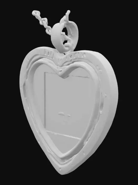 3D model for A small tin heart locket, covered in scratches, with a broken chain. Inside, a faded photo of a child. Surface has dried black stains. PBR: dull metal with slight reflections.