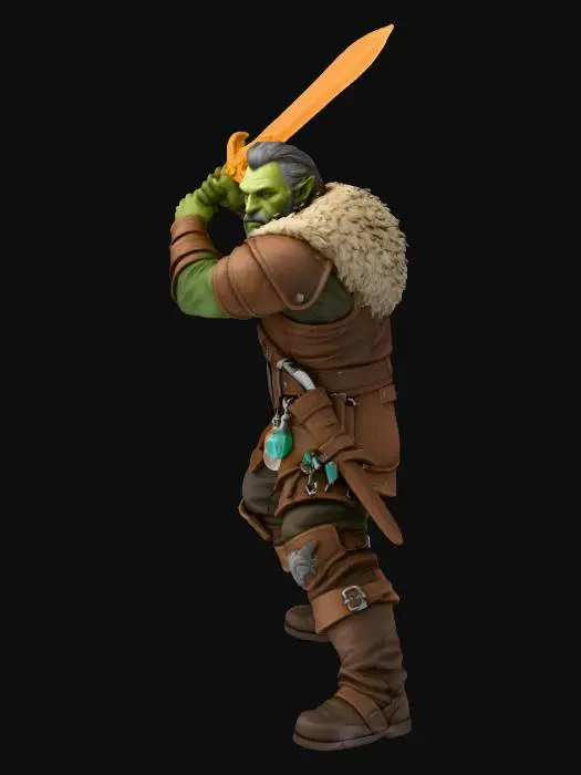 3D model for gere o orc na imagem, mas de corpo inteiro, sem fundo, em uma pose de ataque com sua espada âmbar